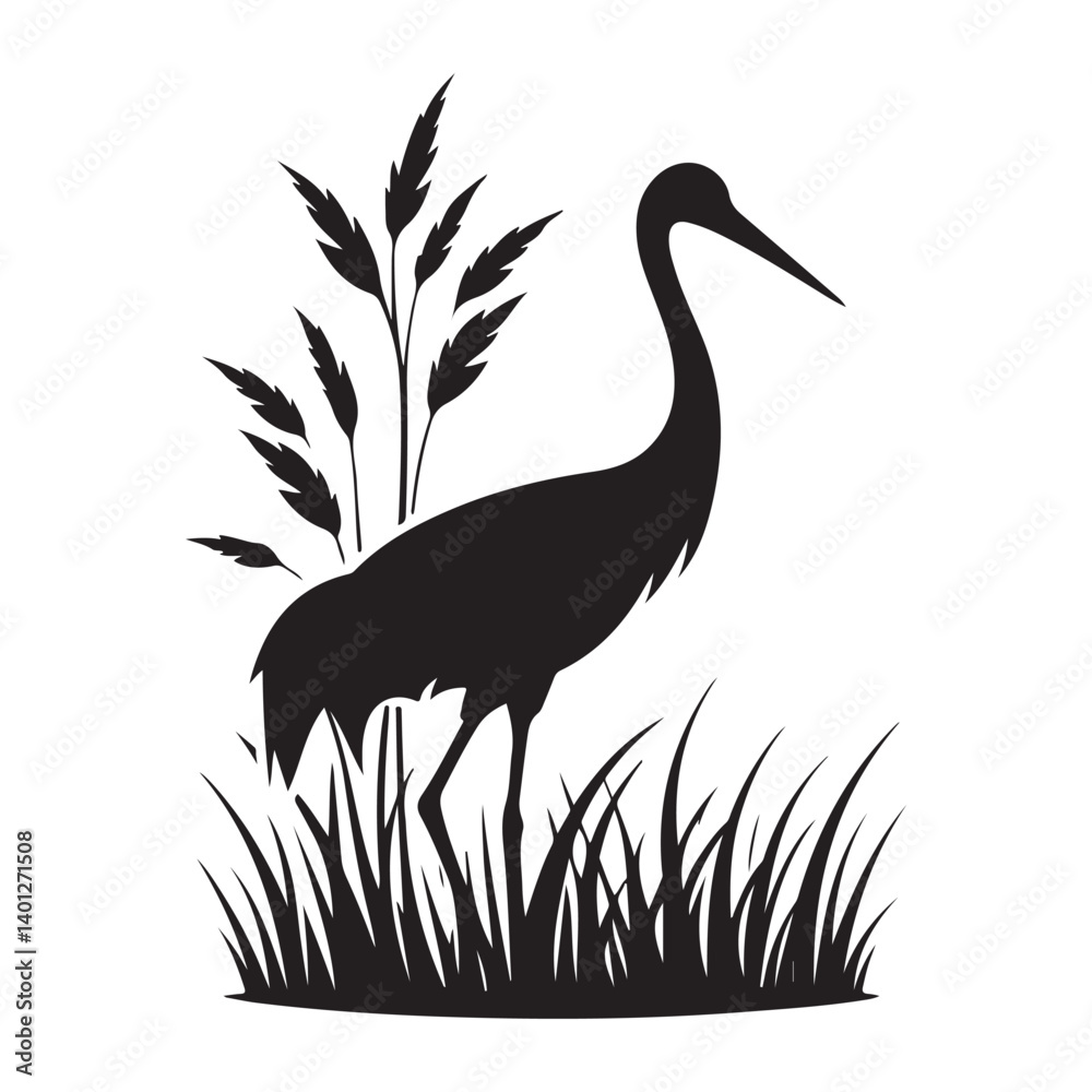 Fototapeta premium Silhouette of a Crane Bird Standing in Grassy Marsh Illustration