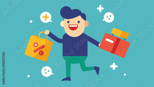 Happy Shopper A cheerful shopper with a shopping bag smiling broadly while holding a gaming console box surrounded by discount signs.