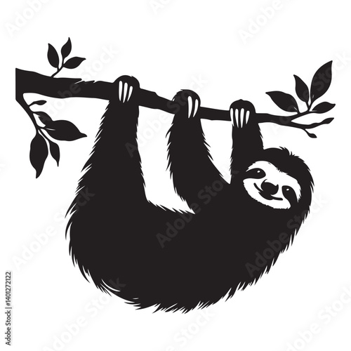 Cute Sloth Hanging on a Branch Silhouette Vector Illustration