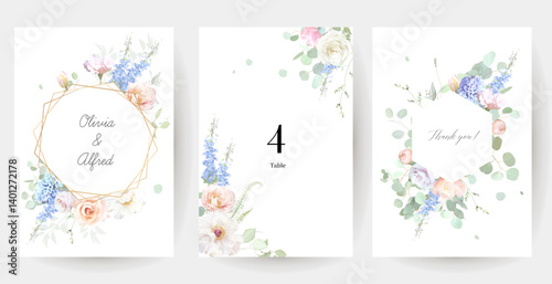 Bridgerton inspired pastel floral vector design frames. Blue delphinium, white peony, coral rose, magnolia, hyacinth, hydrangea, greenery and plants. All flowers and branches are isolated and movable.