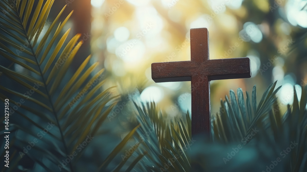Christian cross among palm leaves on blurred background, Palm Sunday, Christianity, religious holiday, Easter, Catholicism