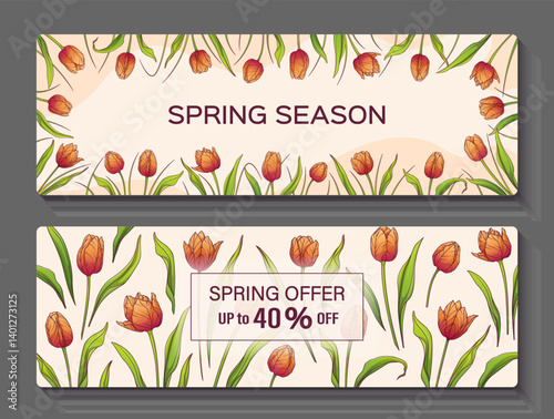 Vector backdrop with illustration of Tulip flowers. Frame and pattern. Background for poster, banner, card, flyer, discount. Spring, flower shop, flower market concept.