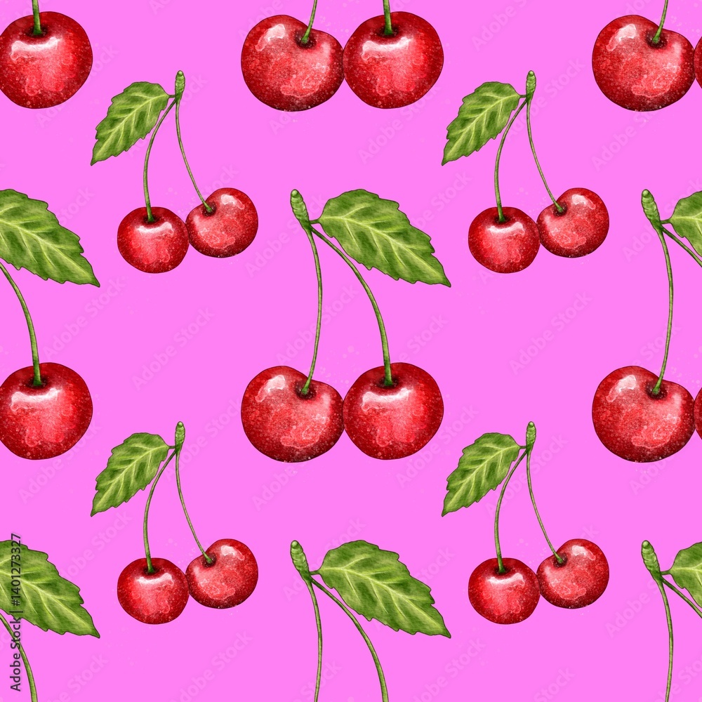 seamless pattern with cherries, red cherry pattern, food illustration, watercolor style seamless pattern with cherries, red cherry pattern, food illustration, watercolor style