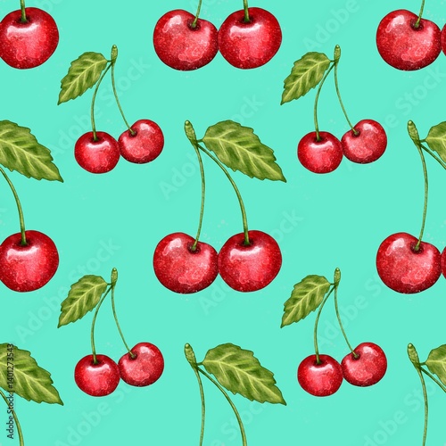 seamless pattern with cherries, red cherry pattern, food illustration, watercolor style