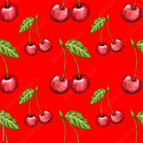 seamless pattern with cherries, red cherry pattern, food illustration, watercolor style