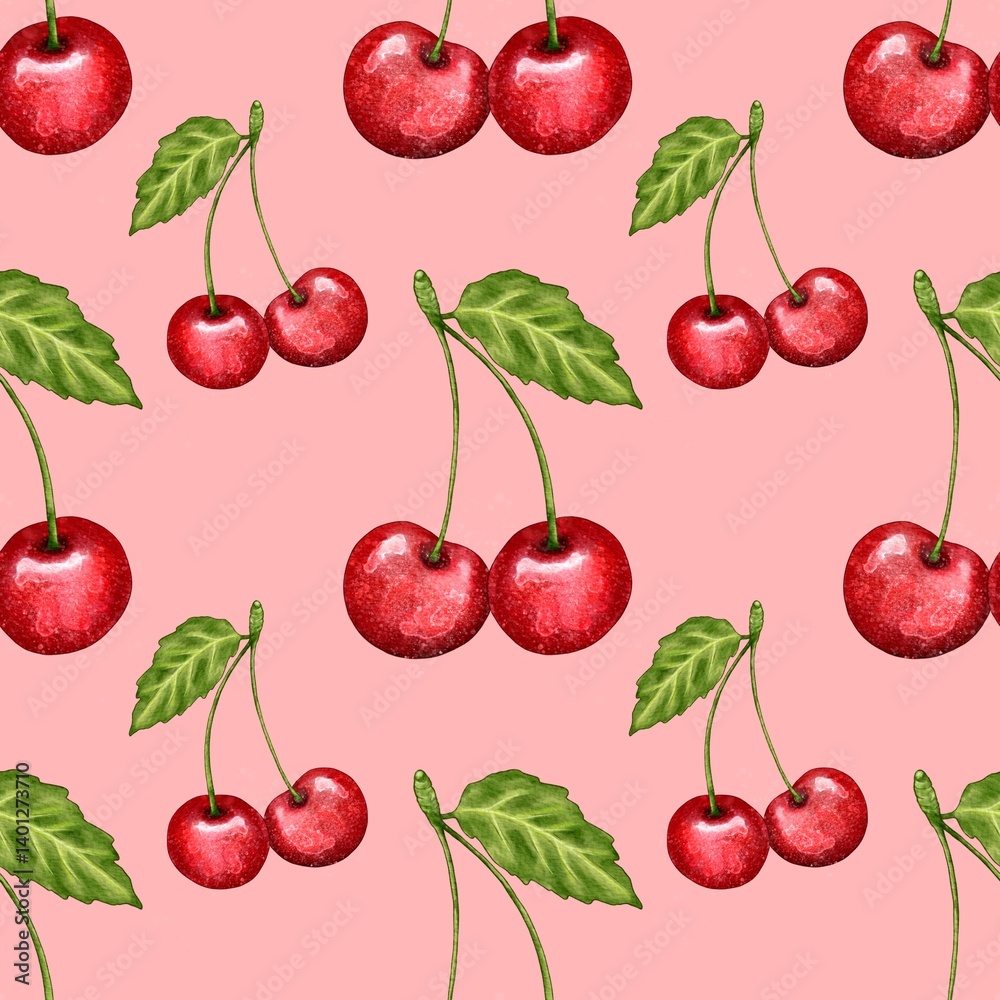 seamless pattern with cherries, red cherry pattern, food illustration, watercolor style seamless pattern with cherries, red cherry pattern, food illustration, watercolor style