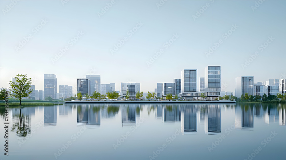 Naklejka premium Modern City Skyline Reflecting On Calm Water