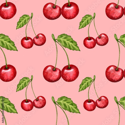 seamless pattern with cherries, red cherry pattern, food illustration, watercolor style