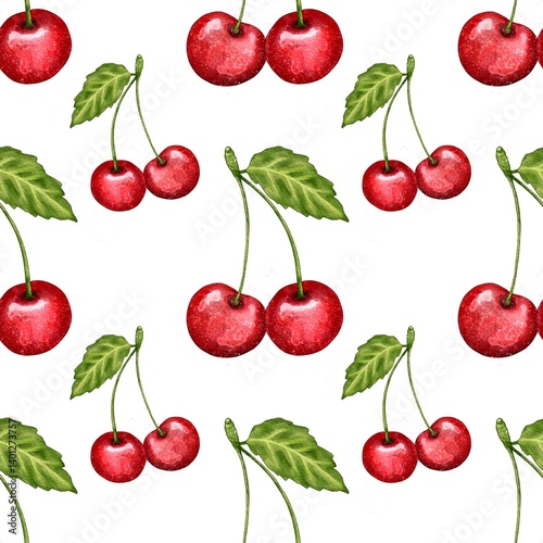 seamless pattern with cherries, red cherry pattern, food illustration, watercolor style