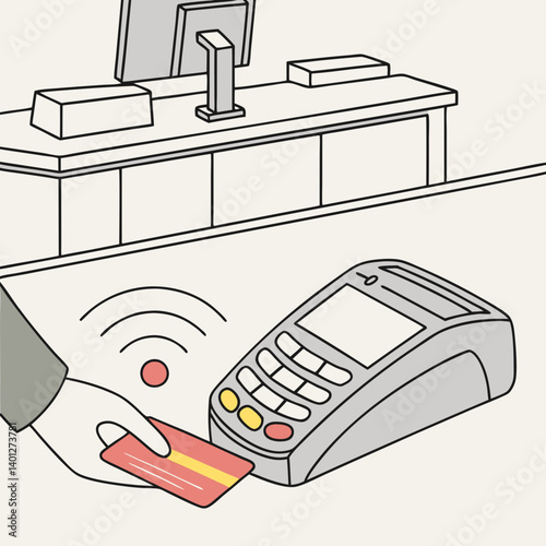 Hand using contactless card for payment at checkout counter  