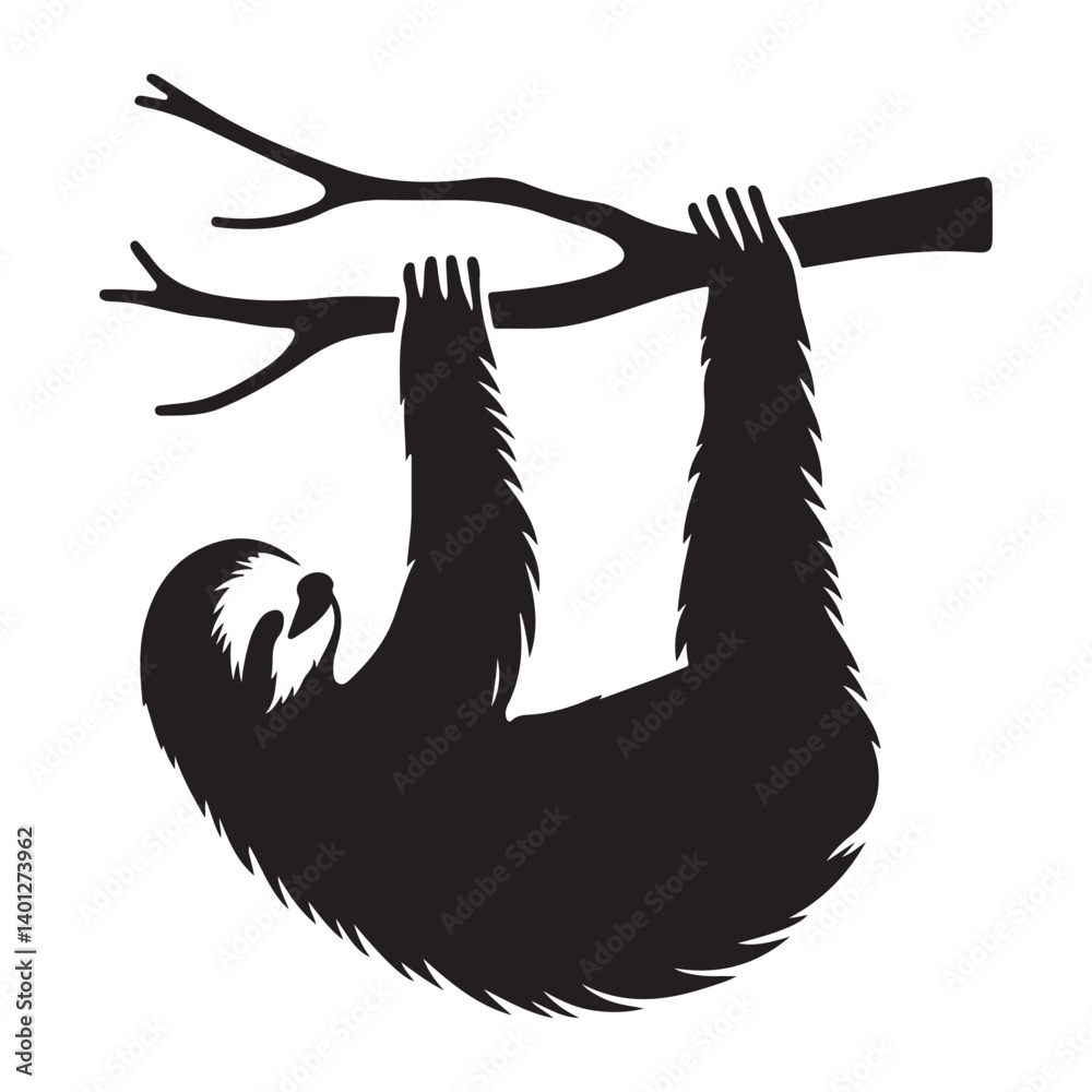 Fototapeta premium Simple sloth silhouette hanging on tree branch artwork vector