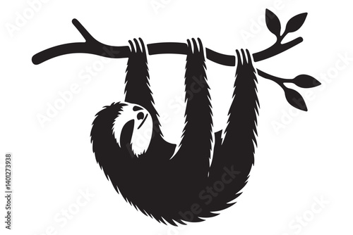 Hanging sloth silhouette on a tree branch vector illustration