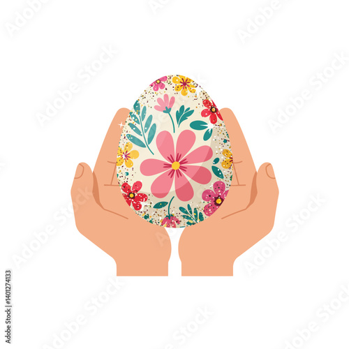 Hands holding a beautifully decorated floral egg in flat vector art