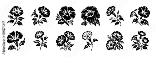 Twelve Black and White Silhouettes of Morning Glory Flowers in Various Arrangements