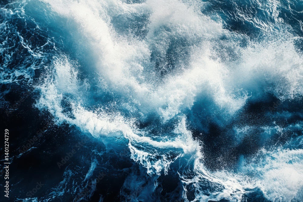 Aerial view of ocean waves crashing and forming white foam on dark water Aerial view of ocean waves crashing and forming white foam on dark water