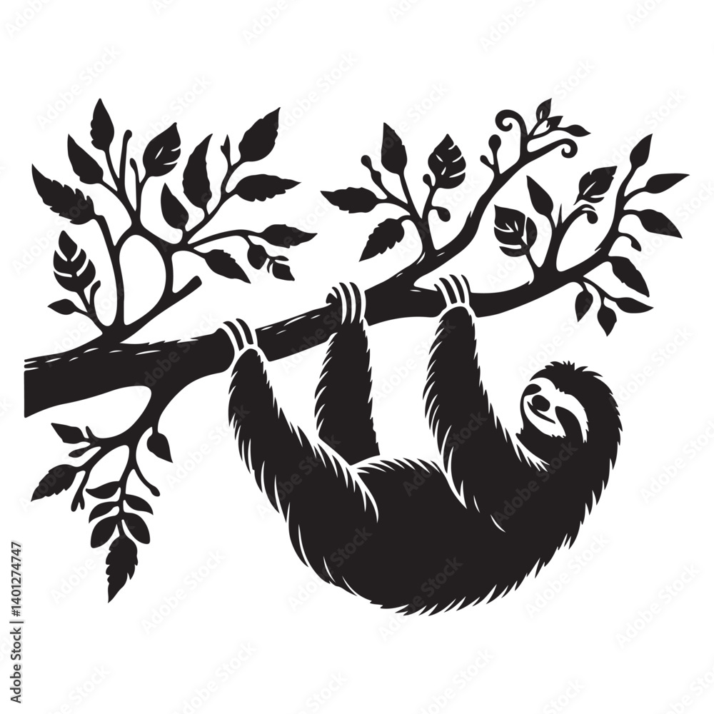 Fototapeta premium Silhouette Sloth Hanging on Tree Branch Vector Illustration