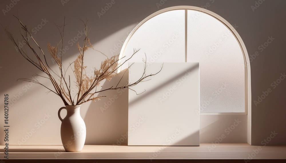 serenity in simplicity an arched window casts gentle light on minimalist elegance with a blank canvas and dried branches serenity in simplicity an arched window casts gentle light on minimalist elegance with a blank canvas and dried branches