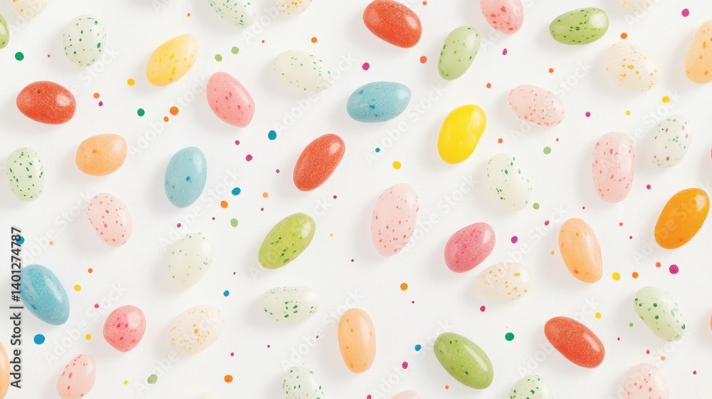 A close-up of speckled, pastel-colored jelly beans, scattered across a white background for a fun, playful design.