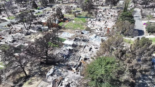Aerial view of the L.A. fires burnt ashes and destroyed houses in Pacific Palisades neighborhood in Malibu Los Angeles, California.