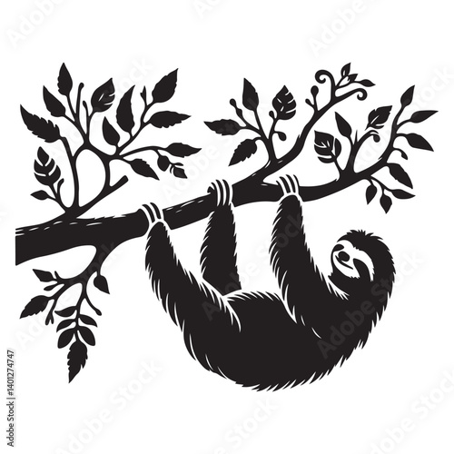Silhouette Sloth Hanging on Tree Branch Vector Illustration