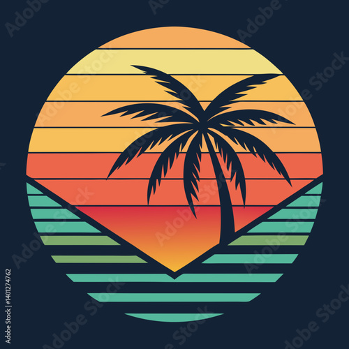 retro and vintage summer vibes t-shirt design with palm tree, sea beach, and sunset vector illustration