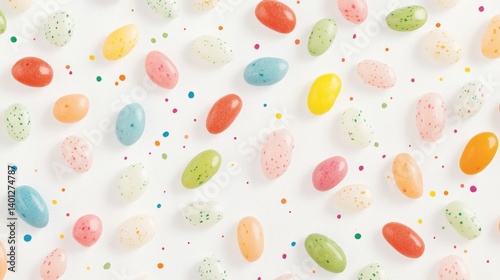 Obraz na płótnie A close-up of speckled, pastel-colored jelly beans, scattered across a white background for a fun, playful design. w salonie