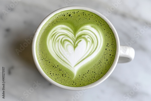 Close up of matcha latte with heart design in a white ceramic mug on table