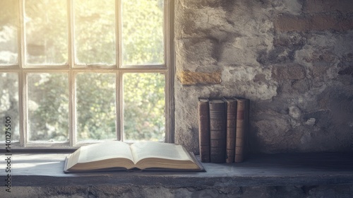 Wallpaper Mural Open Book by Window, Rustic Stone Wall Background Torontodigital.ca