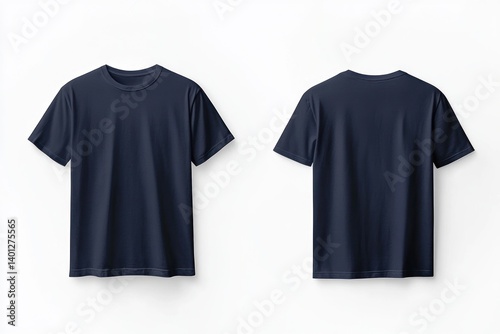 A clean, minimalist design of a navy blue t-shirt mockup with front and back views, displayed on a white background, offering ample space for creative designs.