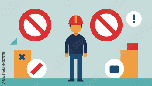 Lack of Rights A worker standing before a large wall labeled NO ENTRY with various labor rights symbols on the other side symbolizing restrictions on their rights.