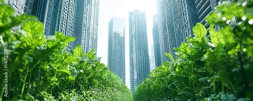 Urban Farming Concept with Lush Green Plants Growing in City Environment Under Skyscrapers