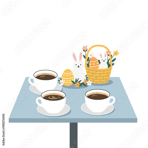 Coffee cups and Easter basket with bunny in flat vector illustration