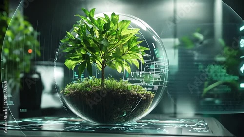 Wallpaper Mural Green technology ecosystem: Tree in glass sphere with digital network innovation future Torontodigital.ca
