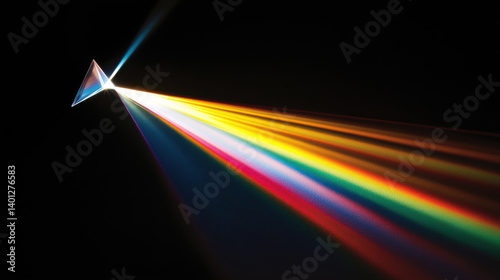 beam of white light passes through a glass prism, dispersing into a vivid spectrum of colors against a dark background, showcasing the beauty of physics and optics