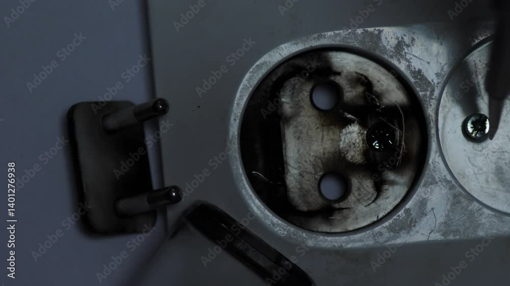 Melted faulty electrical outlet and burned phone charger adapter, aftermath of electrical short circuit