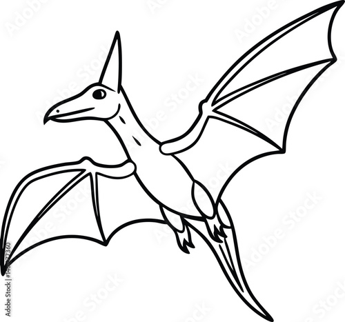 Cartoon Illustration of Flying Pterodactyl Outline Art