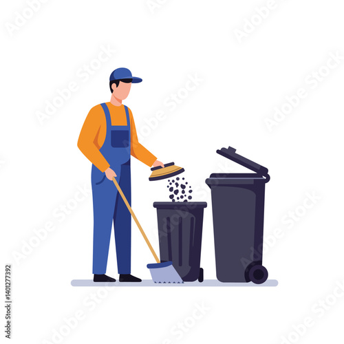 Man in blue overalls cleaning waste with a broom in flat vector art