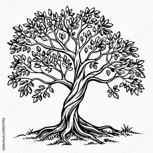 Hand-drawn black and white tree illustration – intricate ink line art of dense leafy tree with visible roots, traditional drawing style, vintage botanical sketch design