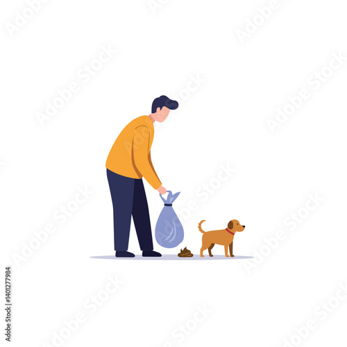 Person picking up dog waste with a blue bag in flat vector art