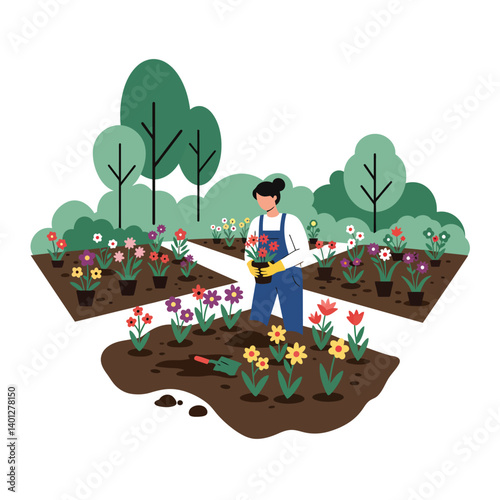 Gardener tending to colorful flowers in a flat vector art style illustration