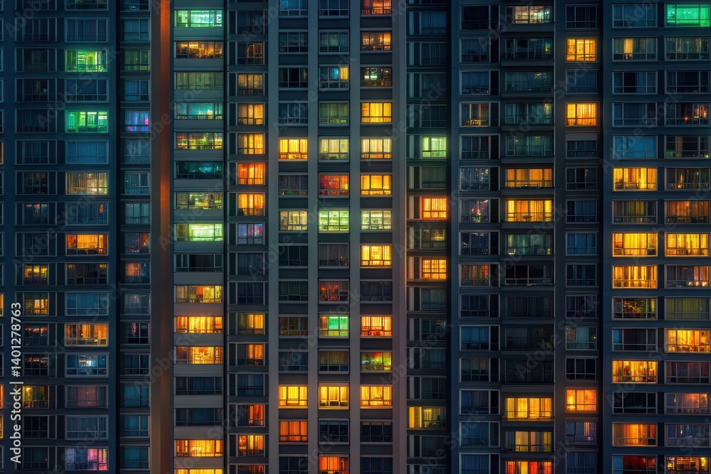 Illuminated windows on a tall building at night create a vibrant pattern Illuminated windows on a tall building at night create a vibrant pattern