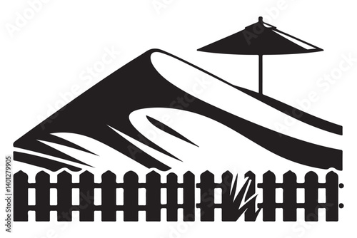 Beach Dune Landscape With Umbrella Silhouette Vector Illustration