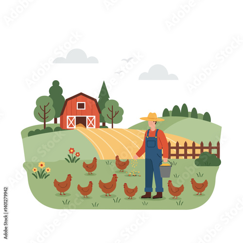 Farmer tending to chickens in a vibrant flat vector illustration