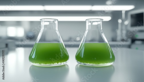 Microalgae photobioreactor glowing with sustainable biofuel production, displayed in a futuristic clean lab with digital overlays., copy space for text - progress sustainable photo