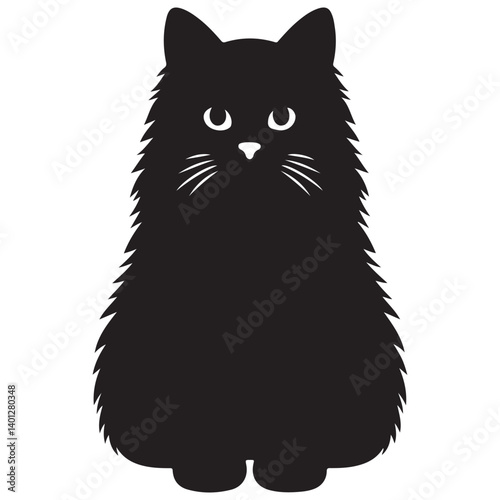 Vector illustration of a fluffy black cat sitting with staring