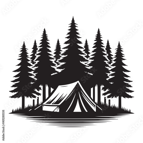 Camping in Forest Silhouette Vector Art Nature Adventure Scene