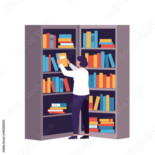 Person placing book on shelf in flat vector illustration