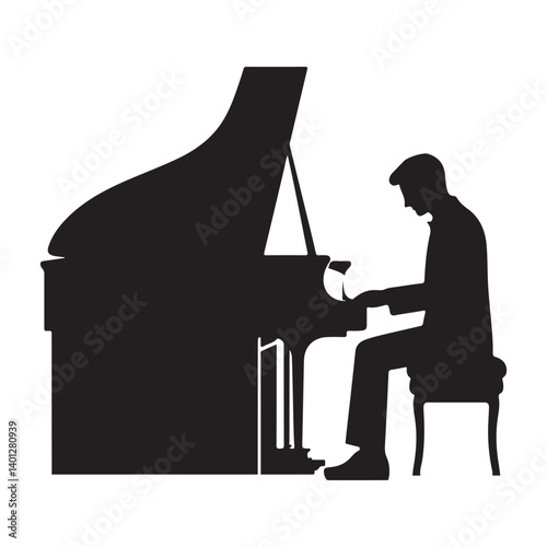 Elegant Silhouette of Pianist Playing Grand Piano Music Instrument