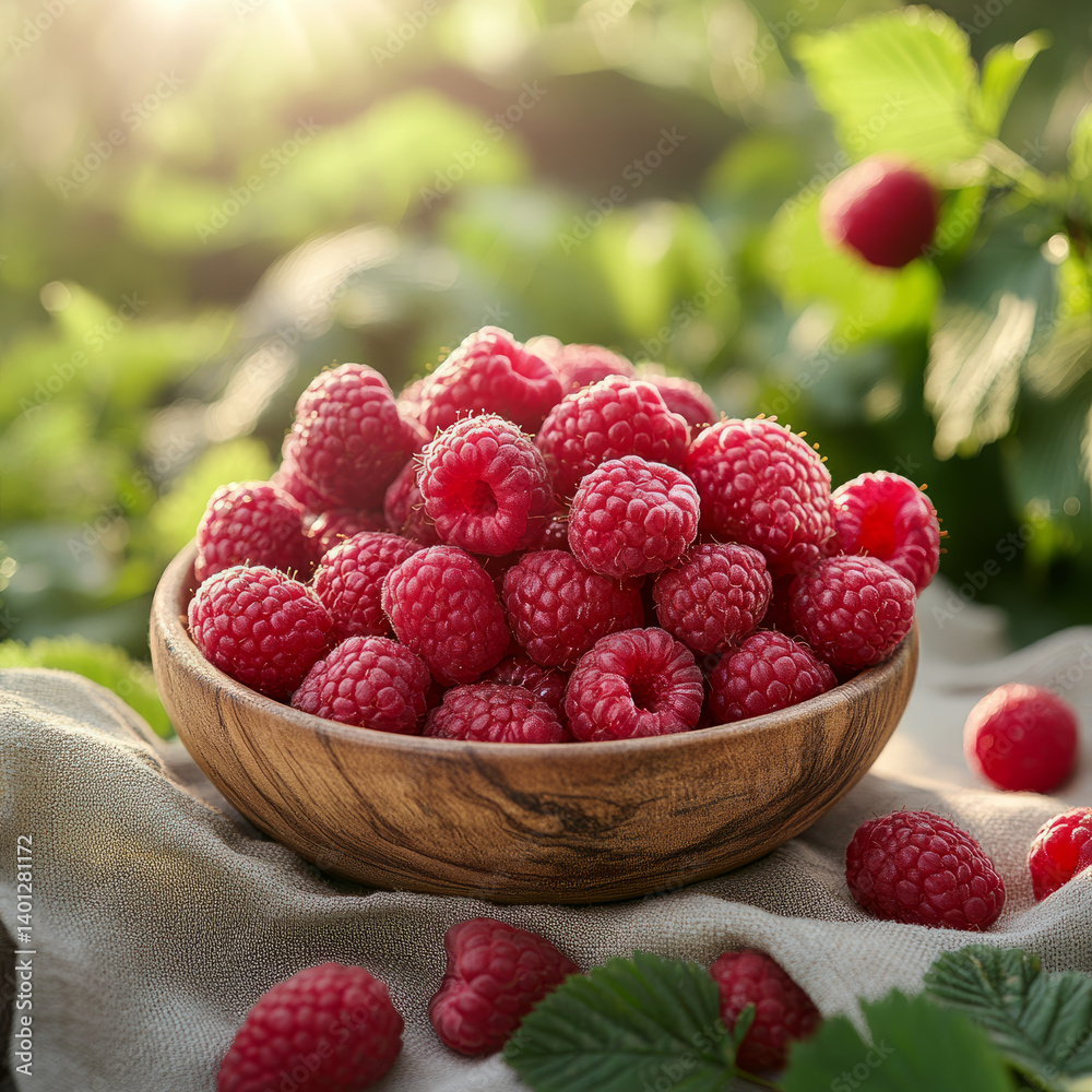Bowl of fresh raspberries in a garden setting. Bowl of fresh raspberries in a garden setting.