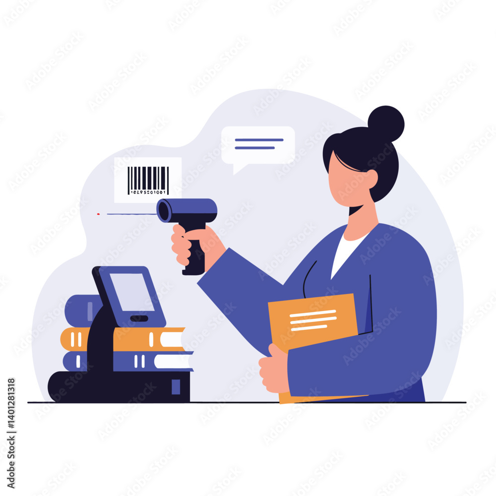 Woman scanning barcodes with a scanner in a minimal vector illustration Woman scanning barcodes with a scanner in a minimal vector illustration